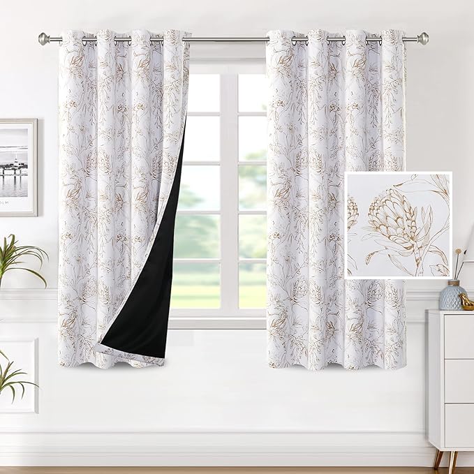 H.VERSAILTEX 100% Blackout Curtains for Living Room Camellia Floral Blackout Curtains 63 Inches Long Light Blocking Window Treatment Curtains with Black Liner Grommet Thermal Drapes, 2 Panels, Taupe