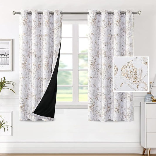 H.VERSAILTEX 100% Blackout Curtains for Living Room Camellia Floral Blackout Curtains 63 Inches Long Light Blocking Window Treatment Curtains with Black Liner Grommet Thermal Drapes, 2 Panels, Taupe
