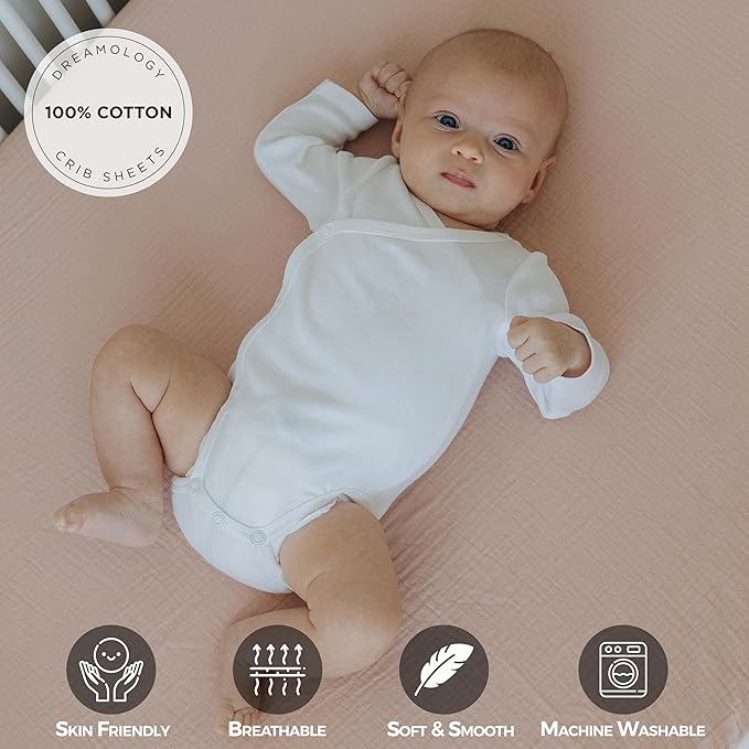Dreamology Pack and Play Sheets,Mini Muslin Crib Sheet,2 Pack,100% Cotton Crib Sheets,Soft,Breathable,Mini Crib Sheets Fitted,Girls,Boys,Pack n Play Sheets Fitted,24x38 Mini Crib Sheet | Rose,Pink