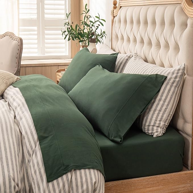 PURE ERA Jersey Knit 4pc Bed Sheet Set 100% T-Shirt Heather Cotton Super Soft Comfy Breathable Fits Mattress Up to 20" Extra Deep Pocket (Forest Green, Full)