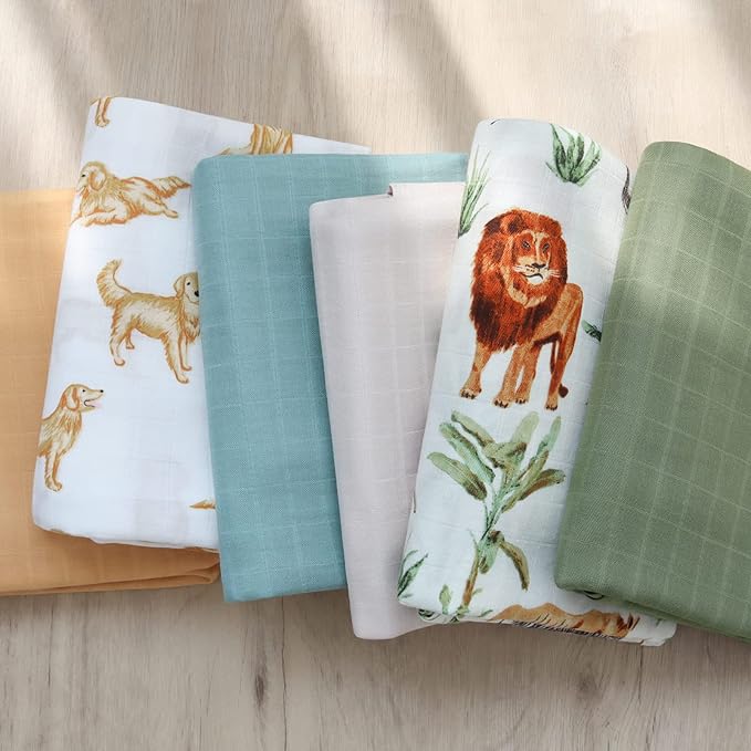 LifeTree Muslin Swaddle Blankets, Woodland Baby Swaddling Receiving Blanket for Boys & Girls, 70% Viscose from Bamboo and 30% Cotton, Large 47 x 47 inches Safari Jungle/Olive Green