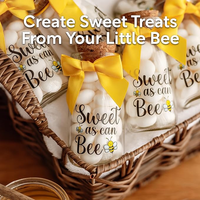 Ethisa Small 12 Pack Bee Party Favor Glass Bottles with Ribbons and Stickers - Baby Shower and Birthday Souvenir for Guests and Table Centerpiece Decoration - Sweet as Can Bee Honey Themed Candy Jar
