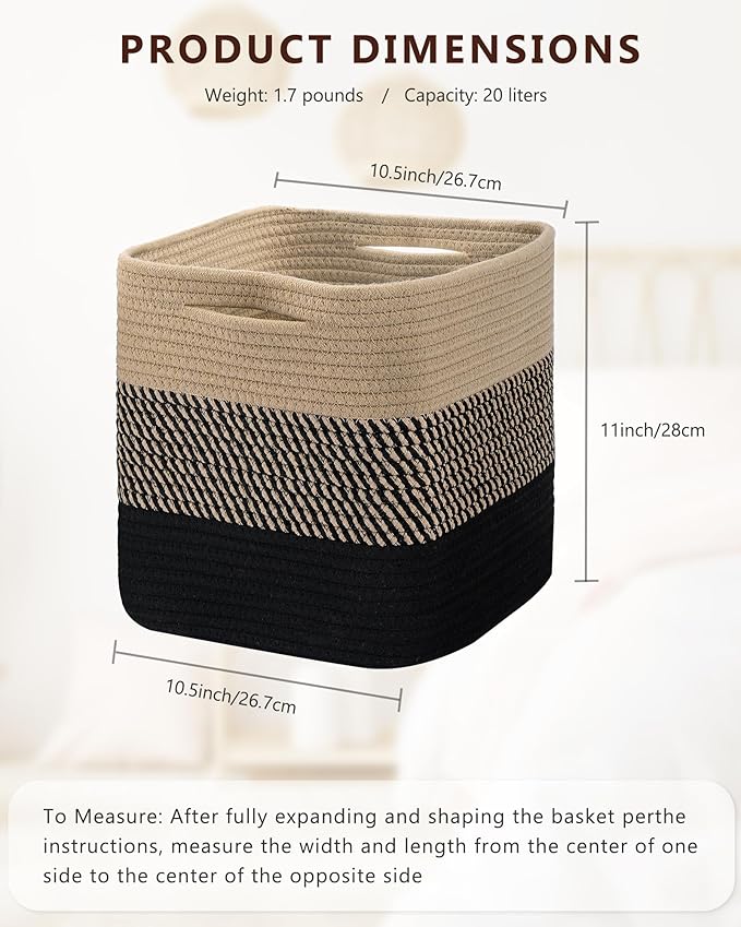 Cube Storage Bin 11" x 10.5" x 10.5" Cotton Rope Basket Square Woven Storage Basket for Shelves, Closet Organizer, Soft Towel Sock Basket, Gradient/Black Brown, 3 Pack