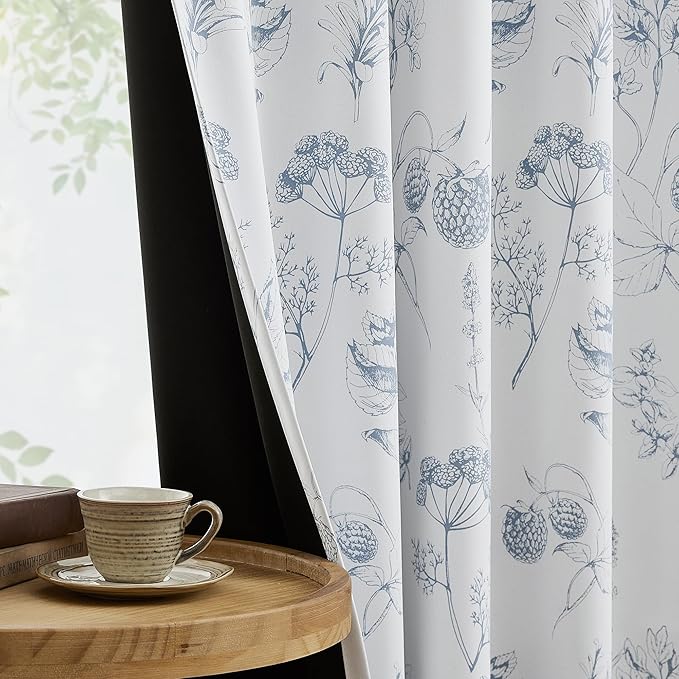 FMFUNCTEX 100% Blackout Floral Curtains 96 Inches Long for Bedroom, Blue and White Floral Drapes for Living Room, Farmhouse Rod Pocket Back Tab Room Darkening Thermal Insulated Window Drapes 2 Panels