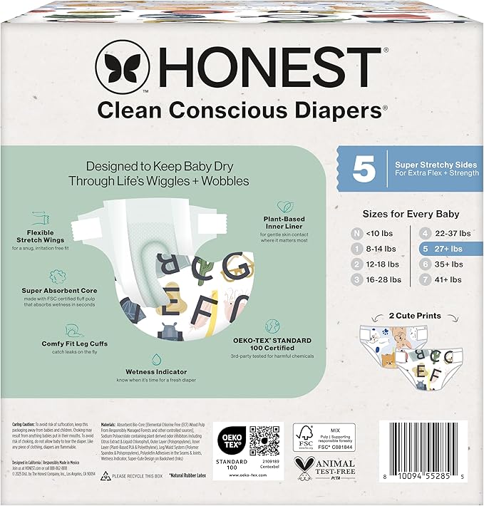 The Honest Company Comfort Dry Disposable Diapers for Sensitive Skin, Hypoallergenic, Fragrance-Free, All The Letters + It's a Pawty, Club Box, Size 5 (27 lbs), 44 Count