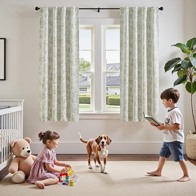 jinchan Blackout Nursery Curtains 63 Inches Long, Bunny Woodland Toile Curtains Sage Green on Beige Animal Printed Drapes for Bedroom Thermal Insulated Farmhouse Rod Pocket Window Treatment 2 Panels