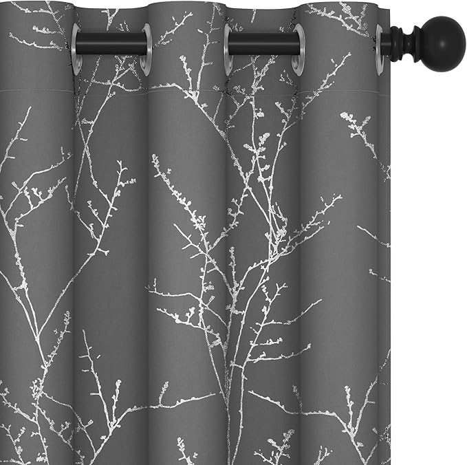 Deconovo Short Kitchen Curtains, 42 x 54 Inch Length 2 Panels Set, Thermal Insulated Soundproof Drapes with Silver Branch Pattern, Grommet Top, Machine Washable Panel for Small Window Living Room