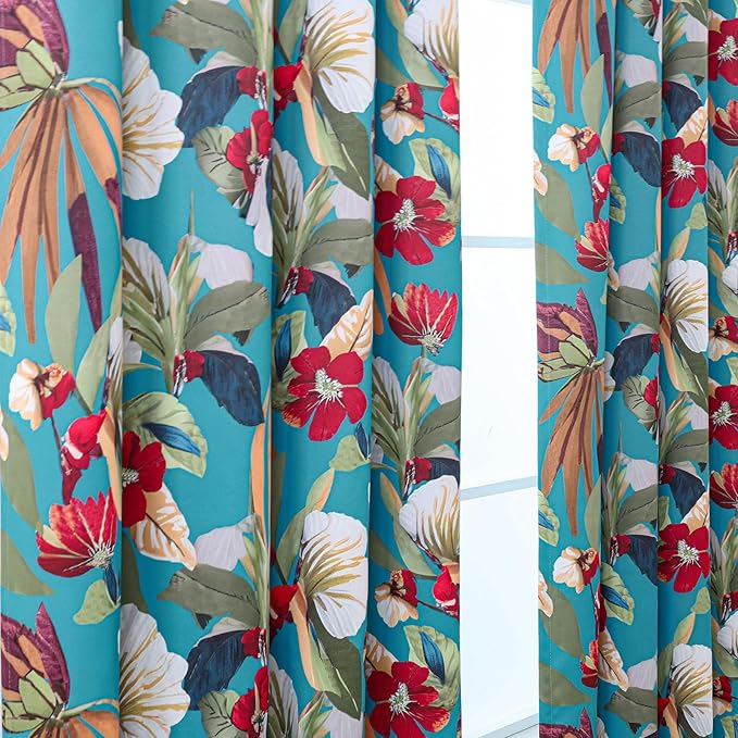 L.Z.E Teal Floral Curtains for Bedroom Turquoise Blackout Vintage Patterned Curtains 96 Inch Long 85% Room Darkening Drapes for Living Room Thermal Grommet Top 2 Panels Set Retro Boho