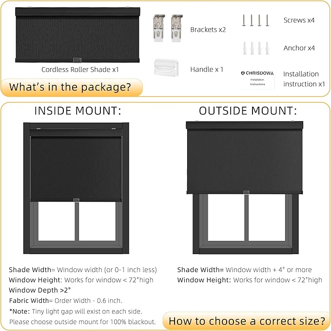 ChrisDowa Cordless Blackout Roller Shades for Windows, Striped Free-Stop Window Blinds with Privacy, Thermal Insulated Window Shades for Home, Office and Door. Black, 34" W x 72" H
