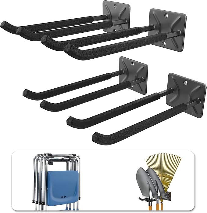 WALMANN Wall Mounted Garage Hooks, Heavy Duty 12-inch Tool Hooks for Hanging, Tool Hangers for Car Tires, Ladders, Folding Chairs, Strollers, Garden Tools (Pack of 4)