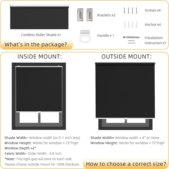 ChrisDowa Cordless Blackout Roller Shades for Windows, Thermal Insulated UV Protection Pull Down Shades, Total Blackout Window Blinds for Home, Office, Bedroom, Door (43" W x 72" H, Black)