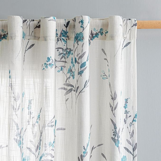 MYSKY HOME Sheer Curtains 95 inches Long for Living Room Linen Textured Soft Touch Window Panels for Bedroom Light Filtering Privacy Protect Flower Print Decorative Drapes, Teal, 50"x95", 2 Pcs