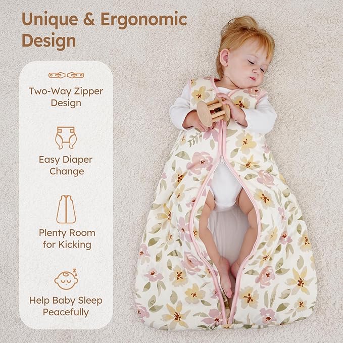 Unnivoll Baby Sleep Sack 18-24 Months TOG 2.5 Winter Baby Wearable Blanket, 100% Cotton Toddler Sleeping Sack with 2-Way Zipper Warm Soft Pink Flowers