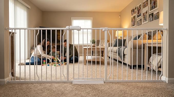 Extra Wide Baby Gate 85.8-90.5 Inch, Pressure Mounted No Drill, Extra Wide Safety Gate for Large Entries, White Metal with Extension Kit, White