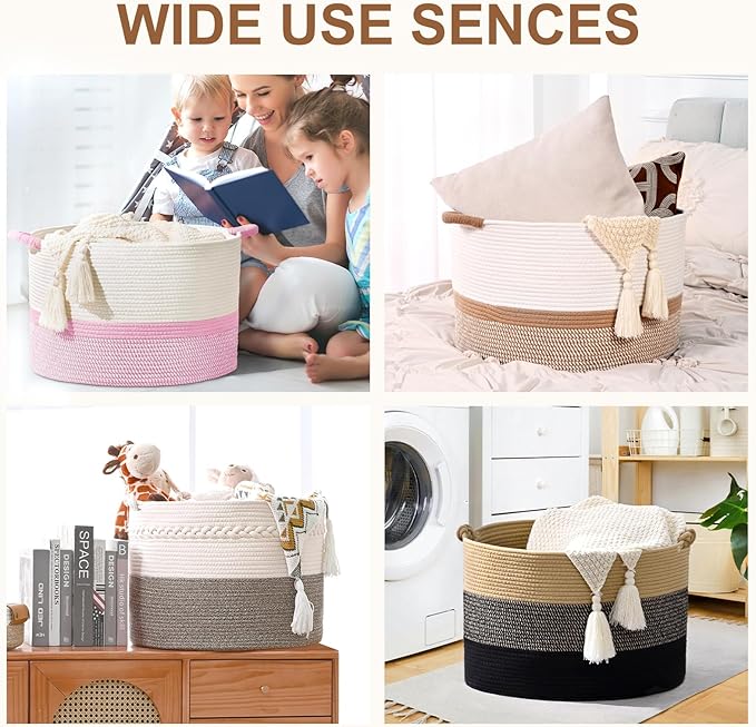 67L Large Blanket Basket, 20"x13" Woven Storage Baskets With Handle, Cotton Rope Blanket Basket Living Room, Baby Laundry hamper for Blanket, Nursery, Toy, Pillow (White & Grey)