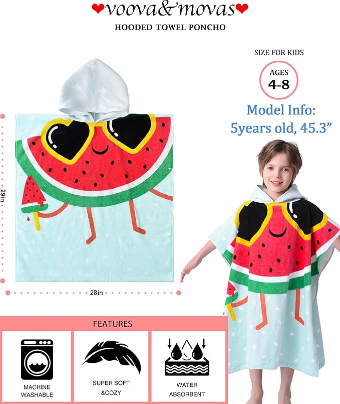 VOOVA & MOVAS Kids Beach Towels with Hood (4-8Years,28"X58") Super Absorbent Soft Cotton Bath | Pool Poncho Towel for Boys and Girls, Perfect for Summer | Swim | Gifts, Watermelon
