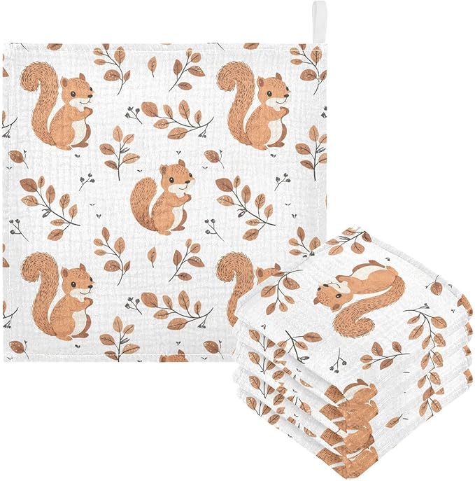 vvfelixl Cute Squirrel with Tail Baby Burp Cloths Baby Muslin Washcloths for Boys Girls Cotton Babys Face Towel for Newborn Infants Soft and Absorbent 11.8 X 11.8 in, 5 Pack