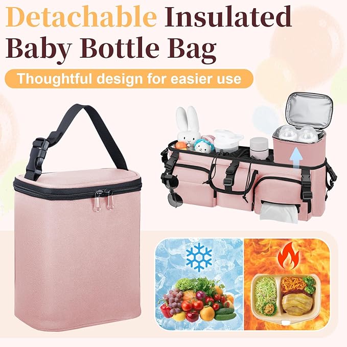 Double Stroller Organizer Compatible with Bob Duallie and Baby Jogger City Mini GT2, Double Baby Stroller Accessories with Cooler Bag, Parent Console Double Jogging Stroller Caddy, Pink