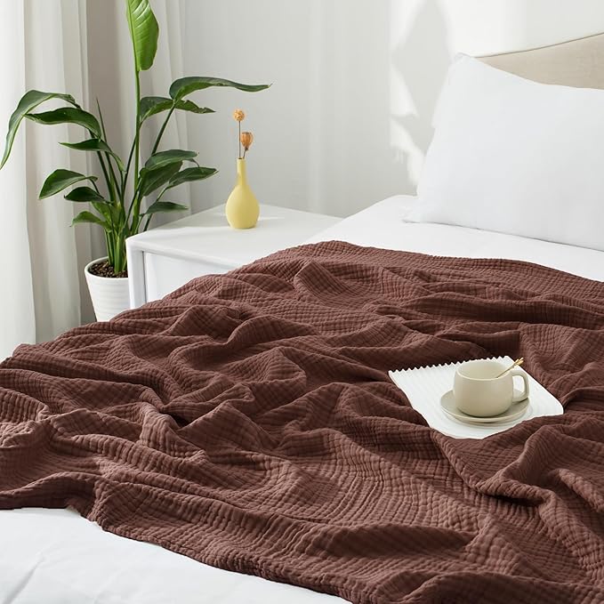 Carriediosa 100% Cotton Muslin Throw Blanket 50" X 70" Throw XL Size，4-Layers Summer Gauze Throws for Bed Couch，Soft Lightweight Breathable Linen Blankets Bedspread for Adults All Season，Dark Brown