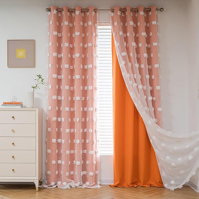 MYSKY HOME Orange Blackout Curtains for Living Room Girls Bedroom Double Layer Curtains Nursery Kids Room 84 Inch Long Curtains White Pom Pom Sheer Grommet Room Darkening Window Curtains, 52" x 84"
