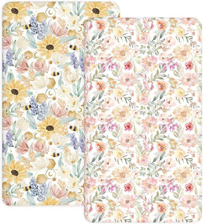 Pack and Play Sheets 2 Pack, Fitted Jersey Knit Mini Crib Sheets for Baby Boys and Girls, Compatible with Graco Pack N Play and Mini Crib Mattress (Golden Meadow, Pack N Play/Mini Crib Sheets)