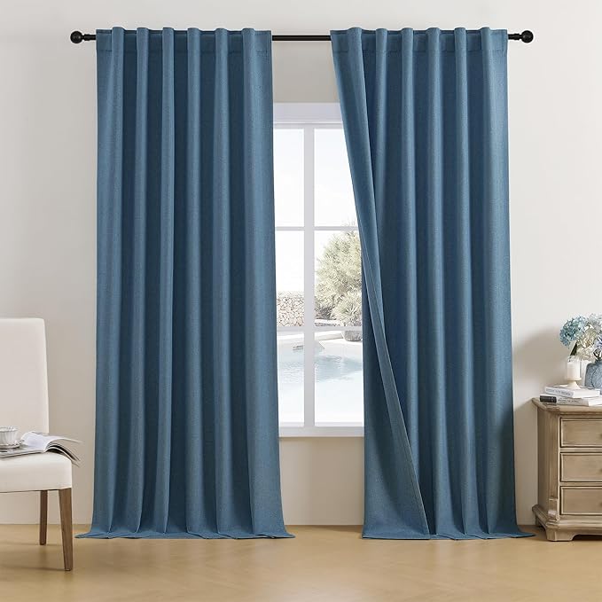 DUALIFE Room Darkening Curtains 120 Inch Long 10 FT for Large Windows,Rod Pocket Back Tab Pleated Linen Tall Drapes for Living Room Dining Room Office 2 Panels,50 Wide by 120 Length, Blue Denim