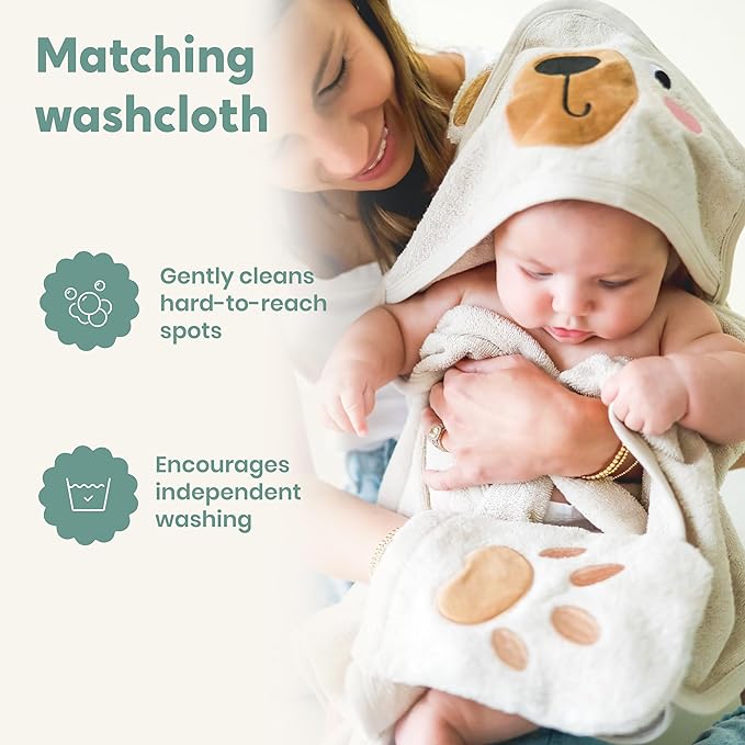 CuddleBug Premium Hooded Baby Bath Towel & Washcloth Set (Bear) - 100% Cotton Terrycloth Hooded Baby Towels for Newborn & Toddler, Super-Soft & Absorbent, Newborn Essentials (30" x 30") - Honey Beige