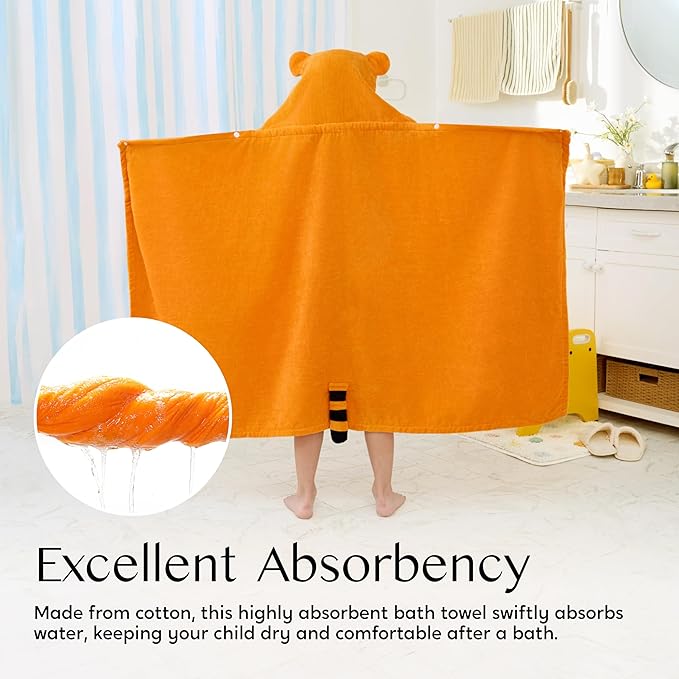 Joiedomi Hooded Towel for Kids Soft 100% Cotton Bath Beach Towel 30" x 50" for Kids 3-10 Years Toddler Pool Poncho with Hood Absorbent Swim Wrap for Boys Girls Yellow Tiger