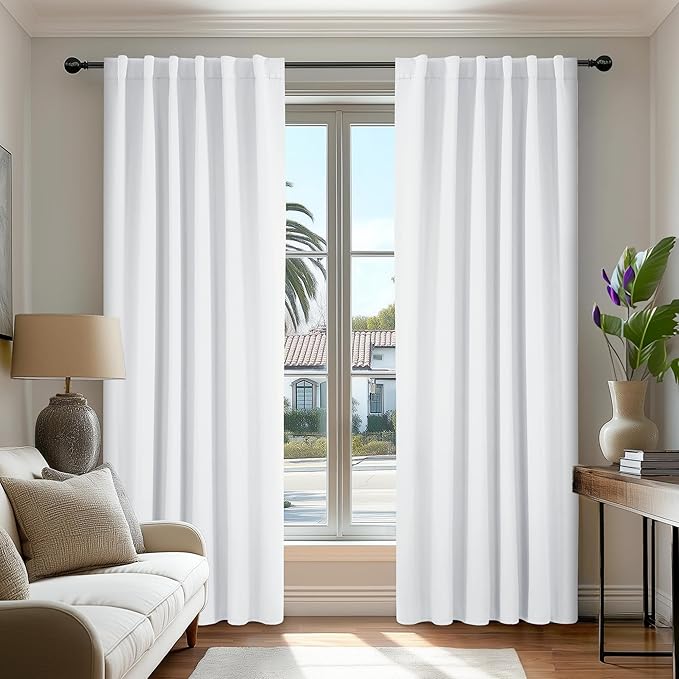 Deconovo Solid Curtains – Room Darkening, Noise-Reducing, Thermal Insulated – Energy-Efficient Window Treatment for Bedroom, Living Room & Home Office – 2 Panels, Pure White, 52W x 84L Inch