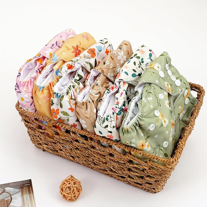 CoolaPeach 12 Set Reusable Adjustable Cloth Diapers for Newborn to 0-3 Years,One Size Washable Pocket Nappy Covers for Baby Girl and Boy,6 Pack Cloth Diapers+6pcs Microfiber Inserts (NCP05)