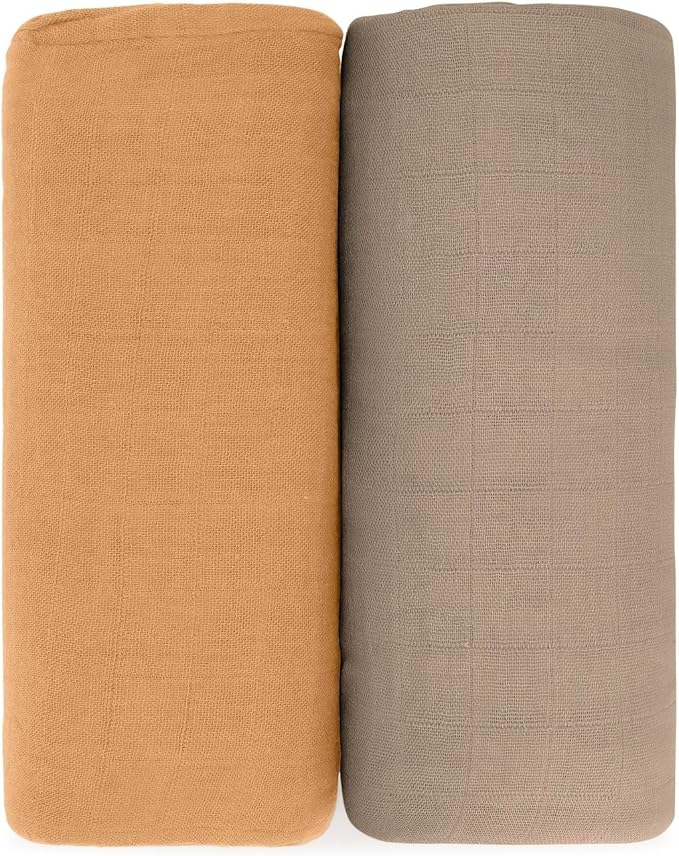 Comfy Cubs Muslin Swaddle Blankets Pack of 2, 47 x 47 Inch Soft Cotton Baby Blanket Set, Large Multipurpose Wraps for Newborns - Self-Soothing Swaddles for Newborns - Cedar & Caramel