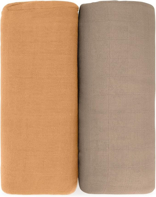 Comfy Cubs Muslin Swaddle Blankets Pack of 2, 47 x 47 Inch Soft Cotton Baby Blanket Set, Large Multipurpose Wraps for Newborns - Self-Soothing Swaddles for Newborns - Cedar & Caramel