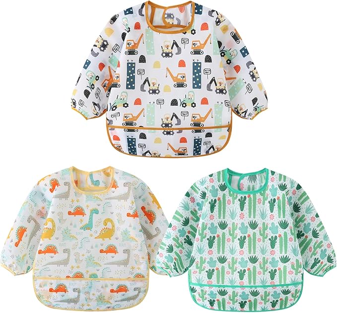 HaimoBurg 3 Pcs Waterproof Long Sleeves Baby Bibs Weaning Smock Bib 3-24 Months