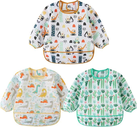 HaimoBurg 3 Pcs Waterproof Long Sleeves Baby Bibs Weaning Smock Bib 3-24 Months