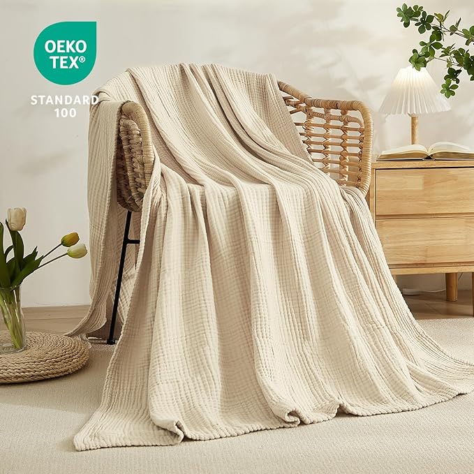 EMME Cotton Blanket King Size for Bed Soft Muslin Blankets 108"x90" Light Tan Lightweight Breathable Layering Bedspread Coverlet All Season Gauze