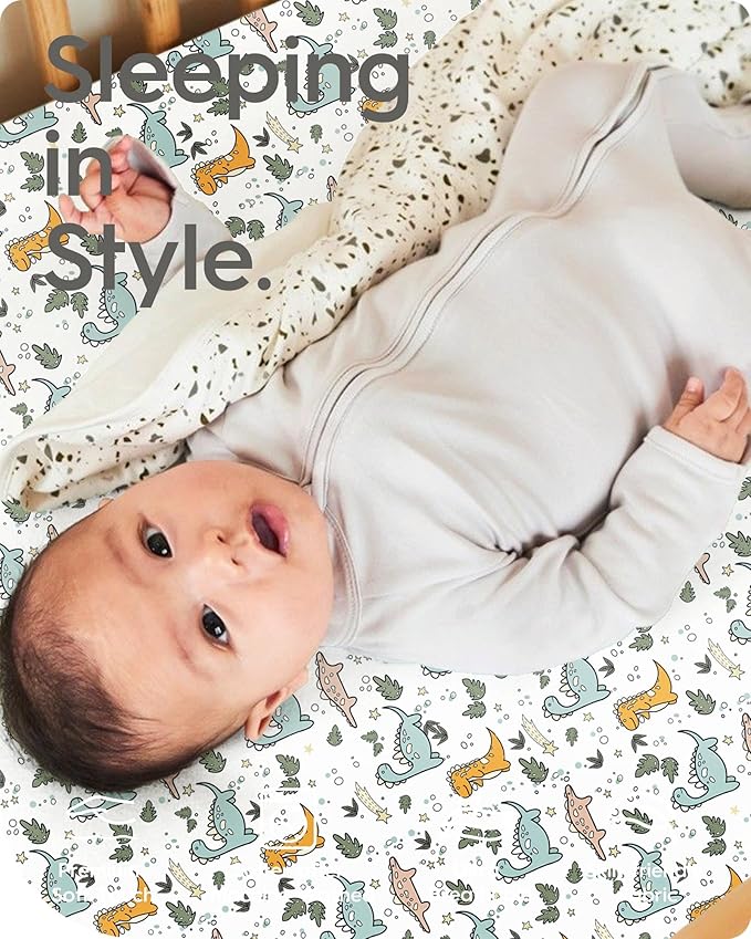 TotBasic Pack and Play Sheets Fitted, Ultra Soft Mini Crib Sheets Boy, Neutral Pack N Play Mattress Sheets Hypoallergenic and Soothing, Premium Jersey Playrad Sheets, Print Dino Animals, 2 Pack