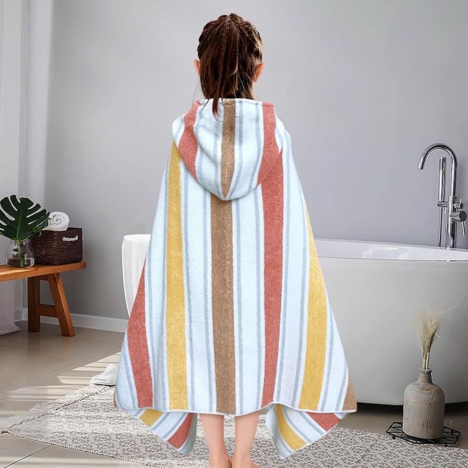 VOOVA & MOVAS Hooded Bath Towels for Kids (3-10Years,27.5"x55"),100% Cotton Absorbent Soft Towel Wrap for Toddler Boys,Perfect for Bathroom | Pool | Beach | Swimming, Jacquard Stripe