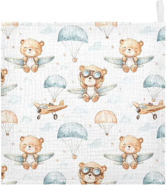 vvfelixl Cute Bear Pilot Baby Burp Cloths Baby Muslin Washcloths for Boys Girls Cotton Babys Face Towel for Newborn Infants Soft and Absorbent 11.8 X 11.8 in, 5 Pack