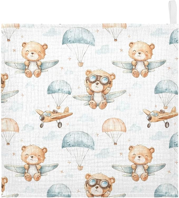vvfelixl Baby Muslin Washcloths Cute Bear Pilot Baby Burp Cloths Cotton Babys Face Towel for Newborn Infants Boys Girls Soft and Absorbent 11.8 X 11.8 in, 3 Pack