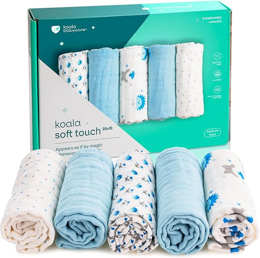 Koala Babycare 5 Pack 20"x10" Muslin Burp Cloths for Baby Boys and Girls - GOTS & Oeko-TEX Cotton Burp Rags for Newborns - Absorbent Neutral Burping Cloths for Feeding - Washable Baby Bibs Essentials