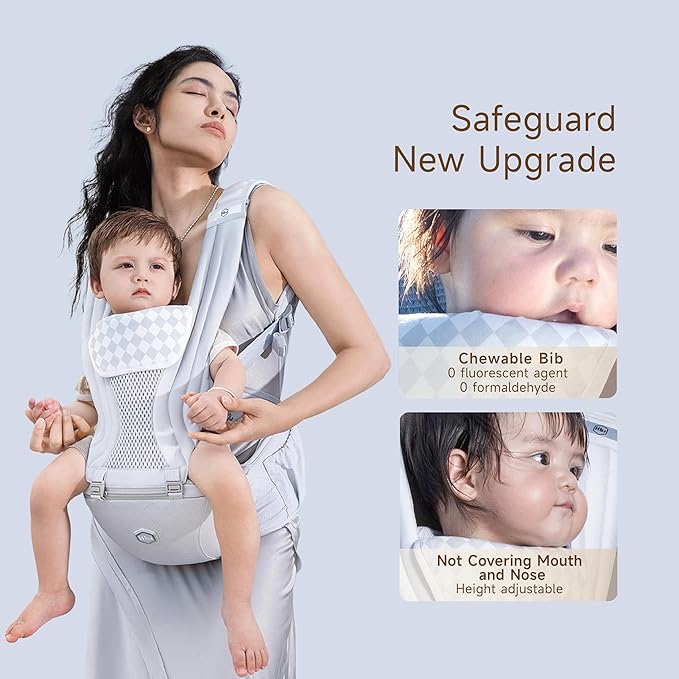 HBR Baby Carrier with Hip Seat, 2-in-1 Ergonomic Front Facing Toddler Carrier, Breathable Mesh, Air-Padded Shoulder Straps & Reflective Back Support, Fits Waists up to 47 Inches, Silve Mist White