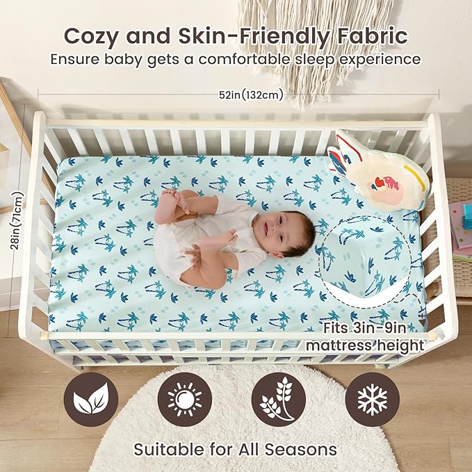 david's kids 3 Pack Fitted Crib Sheets, Ultra Soft Breathable Comfortable Baby Sheet Set for Boys Girls Neutral, 28x52 Inch Fits Standard Crib and Toddler Mattresses, Dinosaur Blue