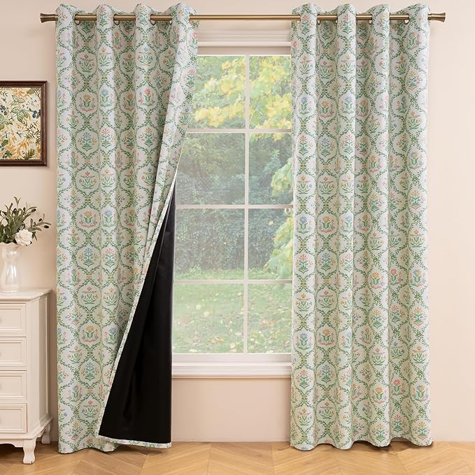 ColorBird 100% Blackout Nursery Girl Curtains 84 Inches Spring Decor Floral Pink and Green Block Print Patterned Farmhouse Vintage Cottage Core Drapes for Bedroom Living Room Window Treatments