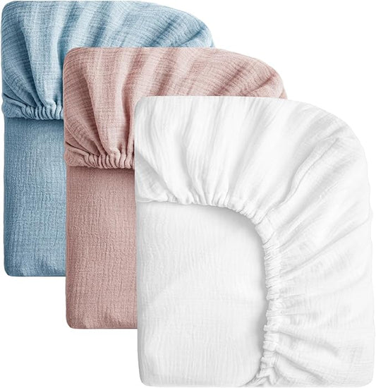 SOULFUL Muslin Crib Sheets for Boys Girls, 3 Pack Soft and Breathable Cotton Fitted Crib Sheets for Standard Crib Mattress (28"x 52", White & Dusty Rose & Blue)