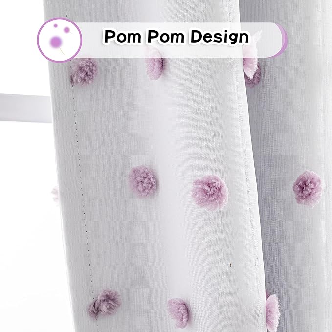 MYSKY HOME 100% Blackout Curtains for Girls Bedroom 84 Inches Long with Purple Pom Pom Sheer Total Light Blocking Curtains for Living Room 2 Panels Grommet Room Darkening Window Drapes 52W x 84L