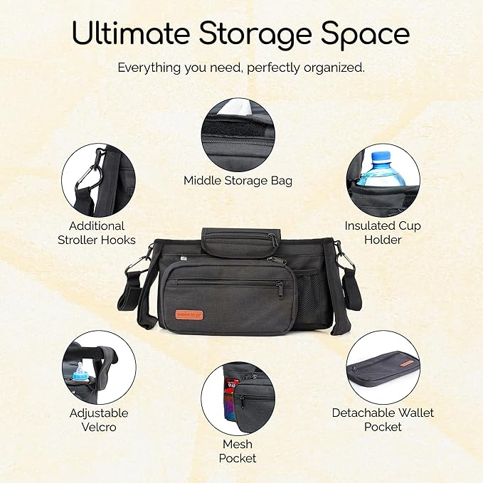 Universal Stroller Organizer Bag with 2 Insulated Cup Holder, Durable Detachable Phone Bag and Shoulder Strap – Fits for Pet Stroller Caddy, Uppababy, Baby Jogger, Britax, Doona, Nuna