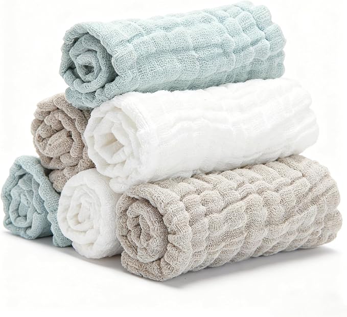 Bear Rocket Organic Muslin Baby Washcloths 6 Pack Baby Bath Face Towel 12x12 Inch Extra Absorbent and Soft Burp Cloth and Wash Cloths for Newborn-Infants On Sensitive Skin (White Green Brown)