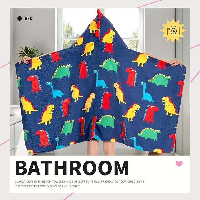 OLAOLA Colorful Dinosaur Hooded Towel for Kids 3-12 Years, 28" x 53" Soft Thick Absorbent Beach Towels, Toddler Bath Towel Wrap Swim Pool Towels Poncho for Boys Girls