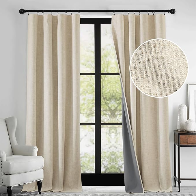 RYB HOME 100% Blackout Linen Textured Curtains 96 inches Long, Thermal Insulating Privacy Energy Saving for Bedroom Living Room Window Office Theater Dining Nursery, W 52 x L 96 in, Linen, 2 Panels