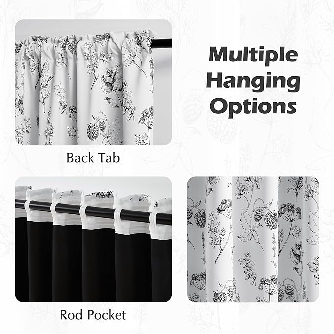 FMFUNCTEX 100% Blackout Floral Curtains 96 Inches Long for Bedroom, Black and White Leaf Drapes for Living Room, Farmhouse Rod Pocket Back Tab Room Darkening Thermal Insulated Window Drapes 2 Panels
